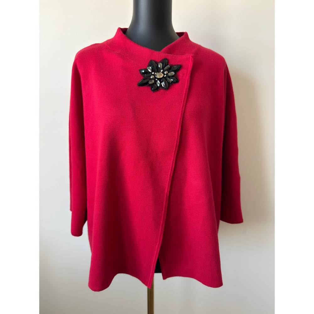 JM Collection Red Knit Wrap Cardigan with Crystal Flower Brooch Size M